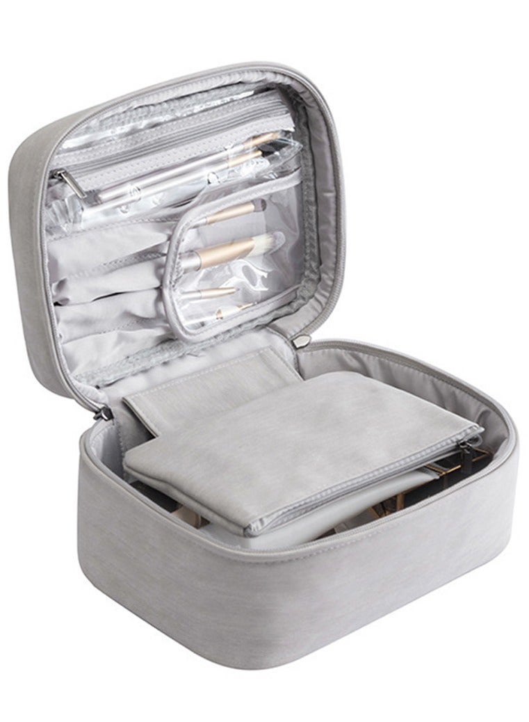 Large Capacity Cosmetic Bag Leather Cosmetic Bag Toiletry Bag Portable Cosmetic Storage Bag Travel Cosmetic Bag for Women and Men (Grey) - Image 1