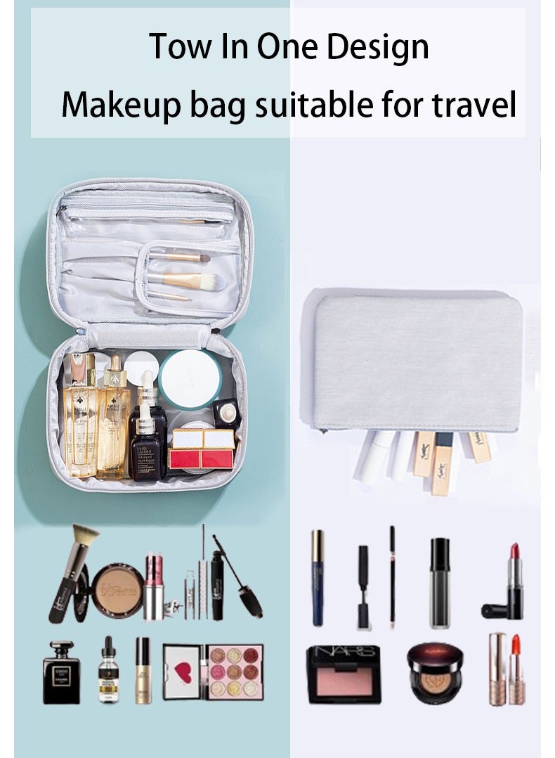 Large Capacity Cosmetic Bag Leather Cosmetic Bag Toiletry Bag Portable Cosmetic Storage Bag Travel Cosmetic Bag for Women and Men (Grey) - Image 2