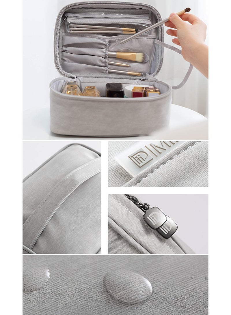 Large Capacity Cosmetic Bag Leather Cosmetic Bag Toiletry Bag Portable Cosmetic Storage Bag Travel Cosmetic Bag for Women and Men (Grey) - Image 4