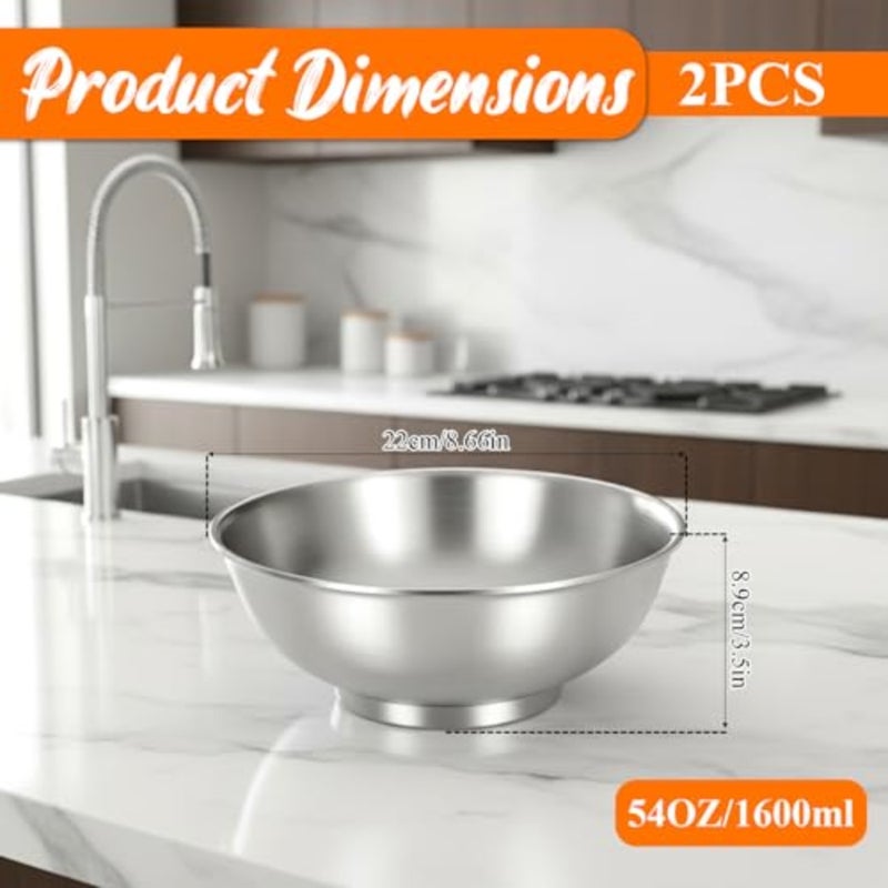 2 Pcs Large Soup Bowls 56 Oz Salad Bowl, Brushed SUS304 Stainless Steel Bowls, Large Double Walled Insulated Ramen Bowl, Silver Soup Noodle ServingBowl for Pasta Fruit Ice Cream Dishwasher Safe - Image 2