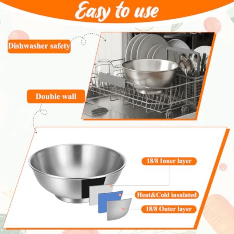 2 Pcs Large Soup Bowls 56 Oz Salad Bowl, Brushed SUS304 Stainless Steel Bowls, Large Double Walled Insulated Ramen Bowl, Silver Soup Noodle ServingBowl for Pasta Fruit Ice Cream Dishwasher Safe - Image 4