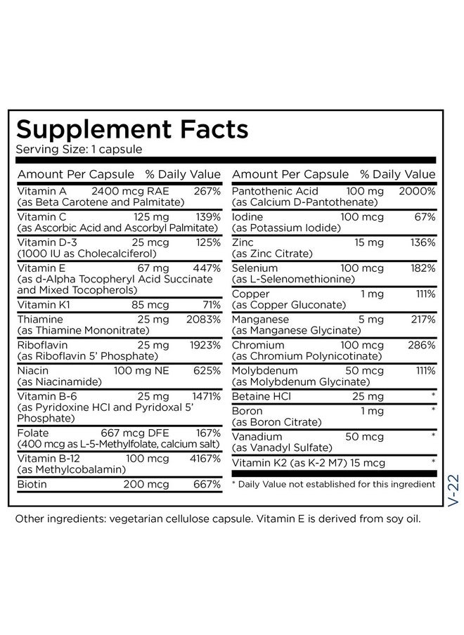 Metabolic Maintenance - The Big One Once Daily Ironfree Multivitamin Mineral Supplement Folate B Vitamins Biotin Antioxidants + Vitamin K Immune Support Nutrients Vitamin A + C 90 Capsules - Image 1