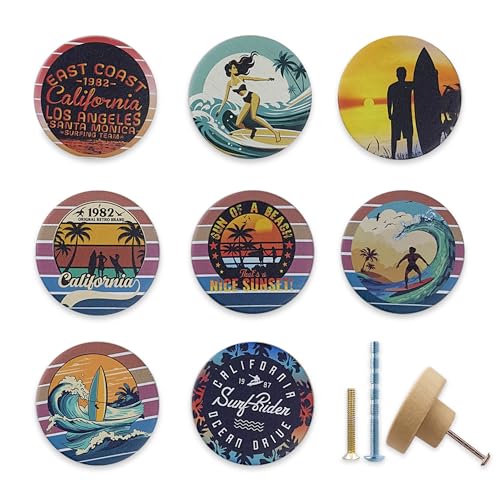 Lasyman 8Pack18 Wooden Beach Cabinet Knob Round Unique Surf Ocean Theme Kitchen Wardrobe Cupboard Furniture Dresser Drawer Knobs Handles or Pulls - Image 1