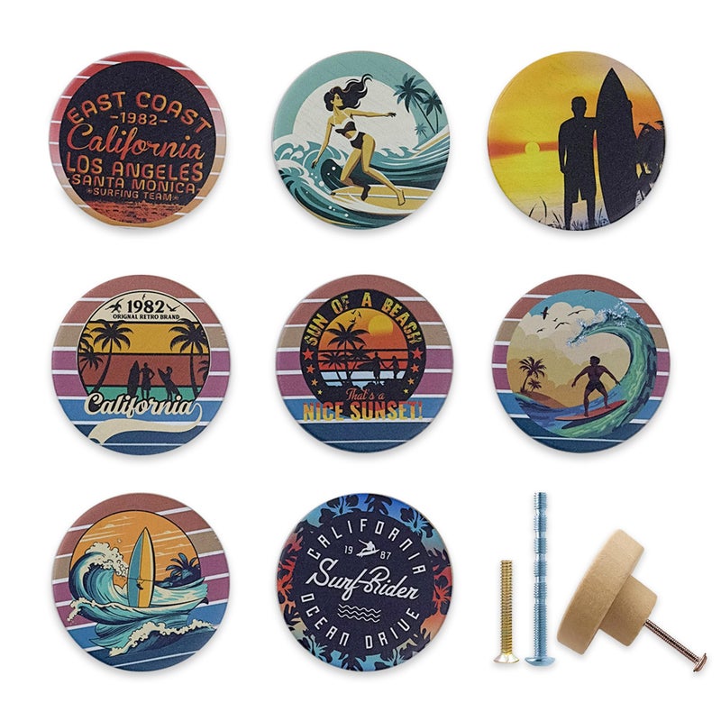 Lasyman 8Pack18 Wooden Beach Cabinet Knob Round Unique Surf Ocean Theme Kitchen Wardrobe Cupboard Furniture Dresser Drawer Knobs Handles or Pulls - Image 2