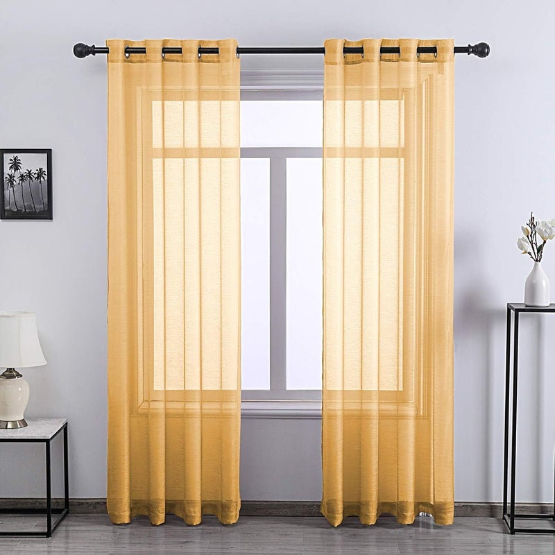 DONREN Gold Yellow Textured Sheer Curtains 96 Inches Long for Living Room Luxury Look Bedroom Grommet Voile Drapes 2 Panels - Image 1