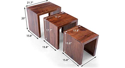 Umark Nested Stool Sheesham Wood Sofa Side Stool Set of 3 Stool Natural Brown Finish - Image 2