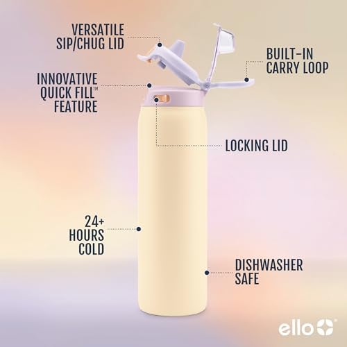 Ello Pop & Fill 40oz Stainless Steel Water Bottle with Quick Fill Technology, Double Walled and Vacuum Insulated Metal, Leak Proof Locking Lid, Sip and Chug, Reusable, BPA Free, Pastel Paradise - Image 3
