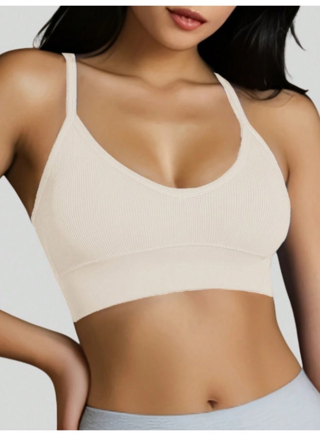 MHD 1-Piece Women's Seamless Knit Ribbed Sexy Bra, Wireless Cross Strap Backless Sports Bra - Image 2