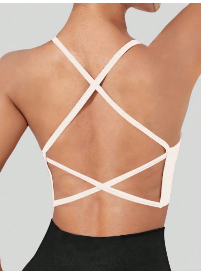 MHD 1-Piece Women's Seamless Knit Ribbed Sexy Bra, Wireless Cross Strap Backless Sports Bra - Image 1