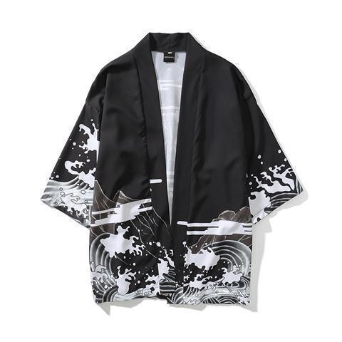 Japanese Retro Dark Ukiyo-e Kimono Cardigan Unisex Casual Loose Fit Shirt Jacket 05 Black Dragon Robe