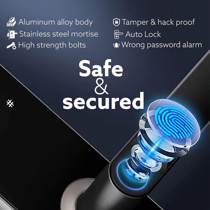 AGARO قفل باب ذكي ملكي من AGARO مع مقبض قفل تلقائي فتح وإغلاق مع بصمة الإصبع بطاقة RFID وصول PIN تطبيق مع بلوتوث وصول مفتاح يدوي قفل باب رقمي قفل مضاد للسرقة أمان المنزل أسود - Image 4