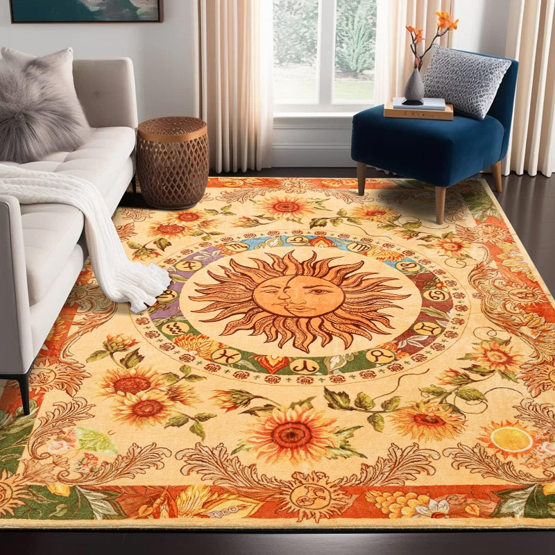 Ouyattle Ultra Thin Washable Mystical Rugs Stain Resistant, Sun and Moon 5x7 Area Rugs Non Slip - Retro Yellow Hippie Floral Throw Rugs for Living Room Bedroom Entryway, Trendy Indie Dorm Tapestry Rug - Image 1