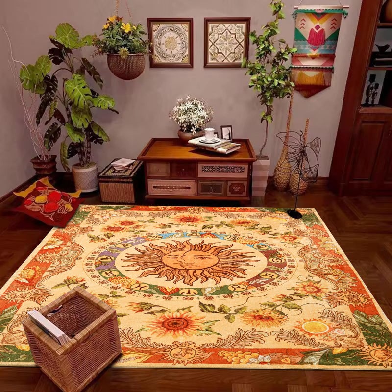 Ouyattle Ultra Thin Washable Mystical Rugs Stain Resistant, Sun and Moon 5x7 Area Rugs Non Slip - Retro Yellow Hippie Floral Throw Rugs for Living Room Bedroom Entryway, Trendy Indie Dorm Tapestry Rug - Image 2