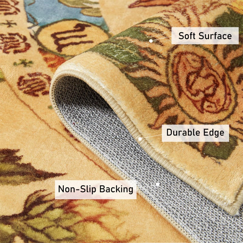 Ouyattle Ultra Thin Washable Mystical Rugs Stain Resistant, Sun and Moon 5x7 Area Rugs Non Slip - Retro Yellow Hippie Floral Throw Rugs for Living Room Bedroom Entryway, Trendy Indie Dorm Tapestry Rug - Image 3