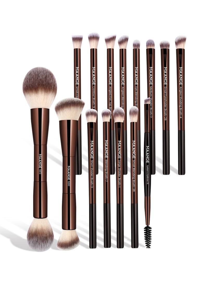 MAANGE مجموعة فرش المكياج، 15 قطعة فرش مكياج احترافية فرشاة الأساس ظلال العيون فرشاة أحمر الخدود، فرشاة كابوكي للسفر خافي العيوب فرشاة بودرة الوجه مجموعة فرش مكياج العين (بني) - Image 1