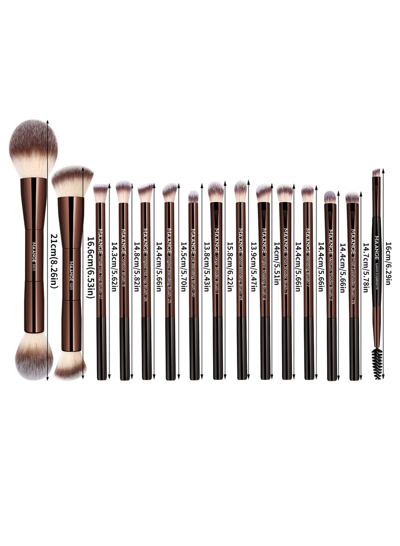 MAANGE مجموعة فرش المكياج، 15 قطعة فرش مكياج احترافية فرشاة الأساس ظلال العيون فرشاة أحمر الخدود، فرشاة كابوكي للسفر خافي العيوب فرشاة بودرة الوجه مجموعة فرش مكياج العين (بني) - Image 5