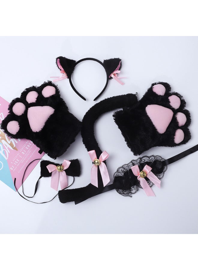 Cat Cos Props Cat Hair Hoop Cat Paw Gloves Cat Tail Cute Cat Costume Props Set-Color:F-39 Black Kitty Lace Headband Combination  - Image 3