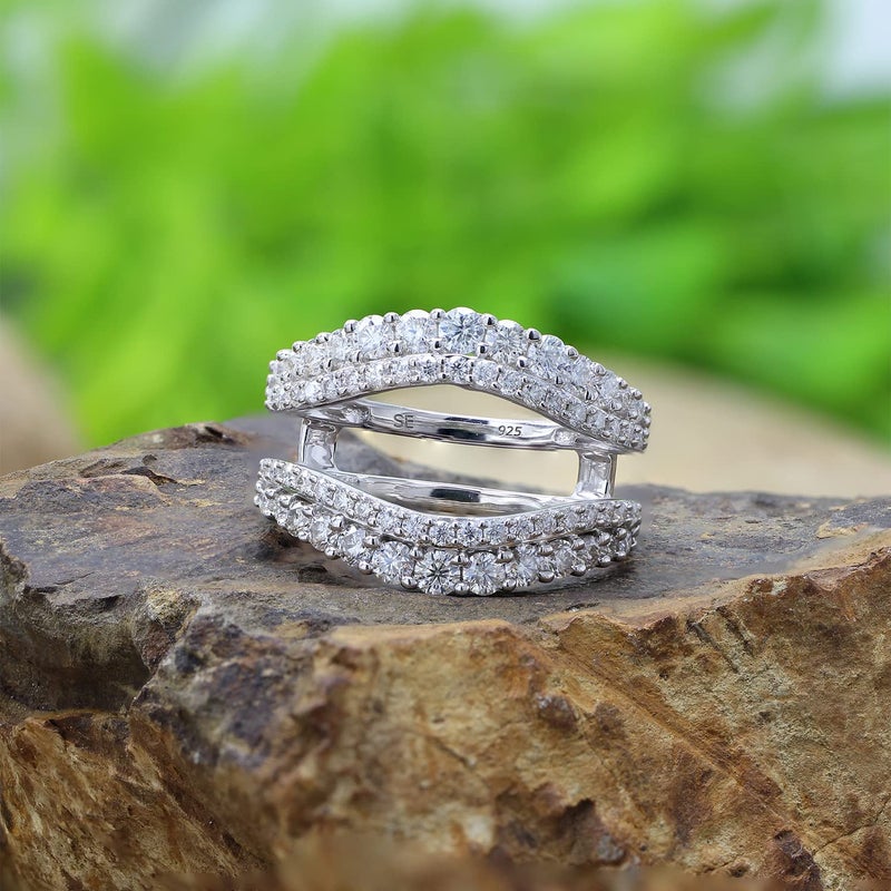 SAVEARTH DIAMONDS Curved Enhancer Guard Ring for Women Round Lab Created Moissanite Double Row Pave Set Wedding Bands in 14K White Gold Plated 925 Sterling Silver Jewelry Gift for Her Size 7 - Image 3