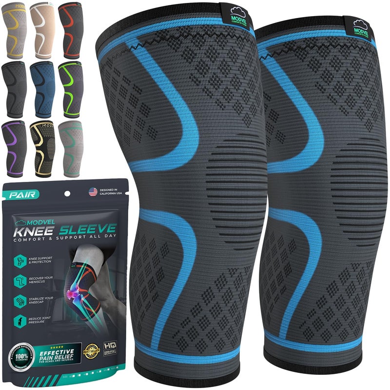 Modvel Compression Knee Brace for Women & Men, 2-Pack Knee Brace for Running Knee Pain, Knee Support Compression Sleeve, Workout Sports Knee Braces for Meniscus Tear, ACL & Arthritis Pain Relief - Image 1