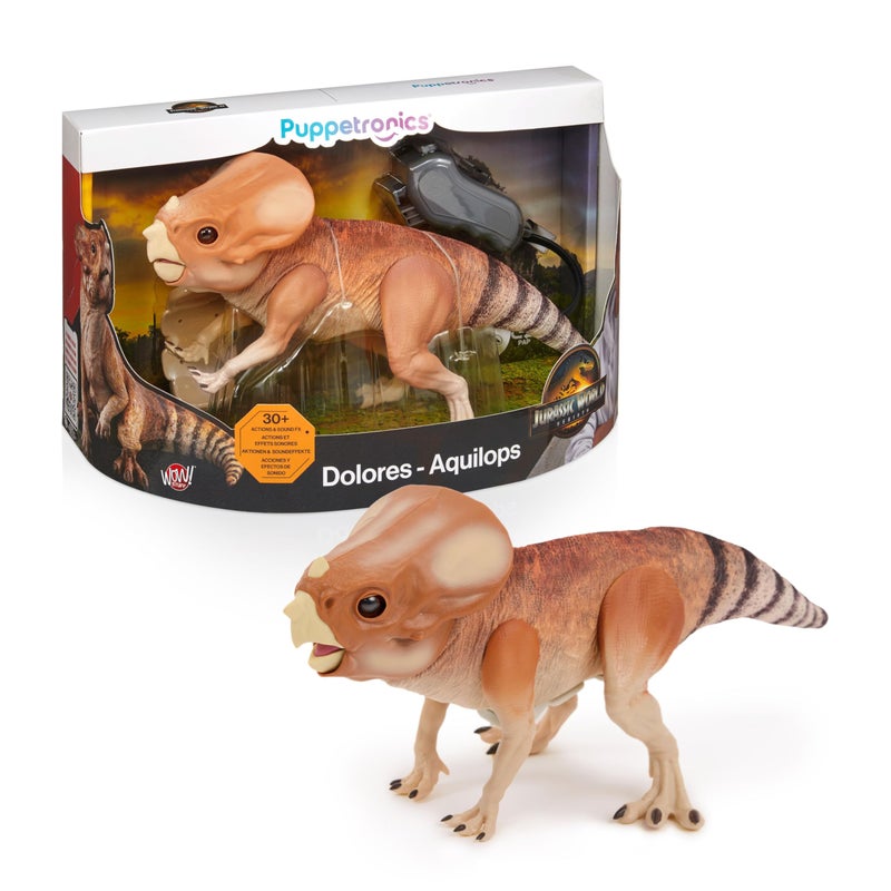 Wow! Stuff: Jurassic World Dolores Deluxe Puppetronic by RealFX - Interactive Baby Aquilops, 30+ Actions & Sounds, Realistic 15" Dinosaur Toy, Ages 8+ - Image 1