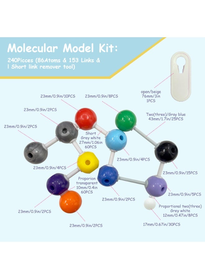 مجموعة نماذج الجزيئات الكيميائية من مادة البولي بروبيلين - مجموعة مكونة من 240 قطعة متعددة الألوان، مناسبة للتدريس والتعلم - Image 2