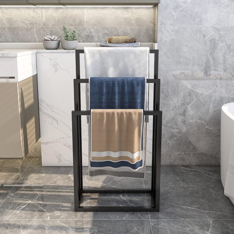 AL TEAMAZ Metal Freestanding Towel Holder, 3 Tier Towel Storage Organizer Next to Sink or Shower Holder Hand Towels Bathroom (3-Tier Black Metal Towel Rack, Freestanding Towel Holder for Bathroom - Image 2