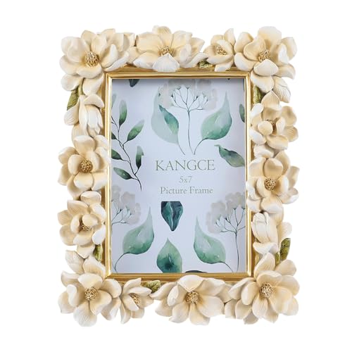 Kangce Vintage Picture Frames 5x7 Antique White and Gold Ornate Flower Picture Frames for Tabletop and Wall Mount Decorative Gallery Wall Decor Rustic Home Decor （5x7 inch） - Image 1