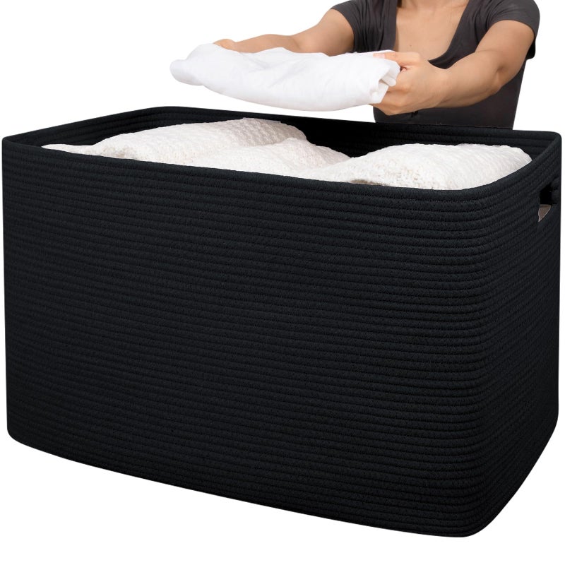 OIAHOMY 118L XXXLarge Cotton Rope Storage Basket, Oversized Blanket Basket, Used for Organizing Dirty Clothes in Living Room, Bedroom, Nursery, Dog Toy Storage Bins, 25" x 17" x 16",Black - Image 1