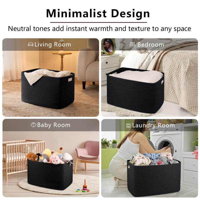 OIAHOMY 118L XXXLarge Cotton Rope Storage Basket, Oversized Blanket Basket, Used for Organizing Dirty Clothes in Living Room, Bedroom, Nursery, Dog Toy Storage Bins, 25" x 17" x 16",Black - Image 5