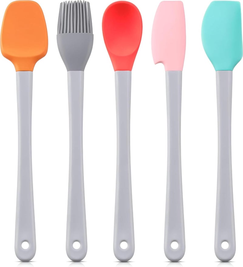طقم ملاعق سيليكون - ملعقة سيليكون صغيرة مسطحة مكونة من 5 قطع، مكشطة، وفرشاة للطبخ والخبز والخلط، بمقبض بلاستيكي لسهولة الاستخدام