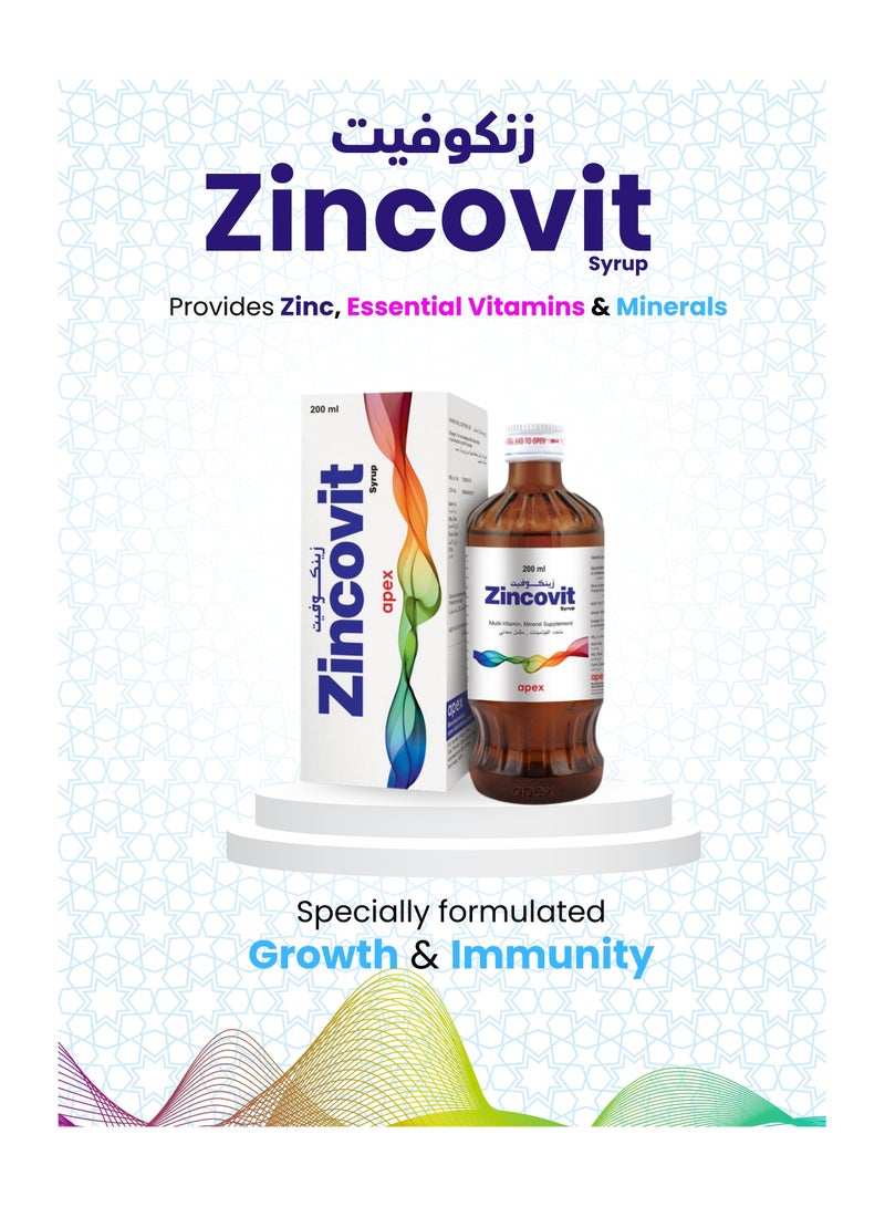 APEX Zincovit Syrup 200ml - Essential Multivitamin &  Mineral Supplement for Overall Health and Immunity Support  - Image 2