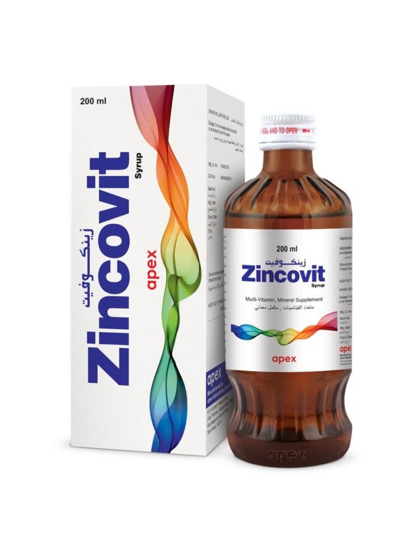 APEX Zincovit Syrup 200ml - Essential Multivitamin &  Mineral Supplement for Overall Health and Immunity Support  - Image 1