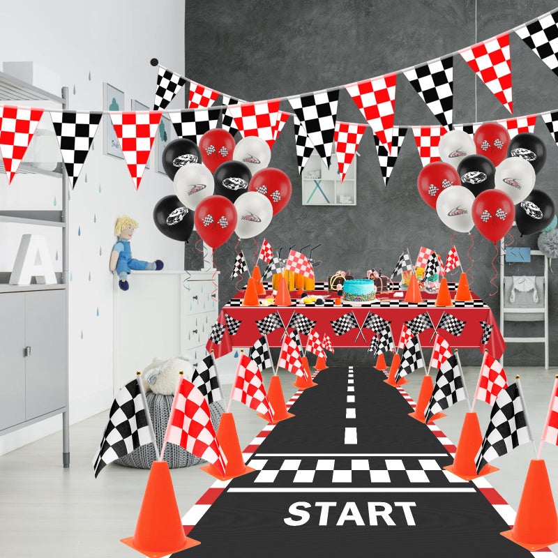 Ahier Race Car Party Decorations, Checkered Flag Party Supplies-12 Traffic Cones and 24 Racing Checkered Flags, 6.5Ft Racetrack Floor Runner and 9.8ft Banner, Tablecloth, Balloons and Ribbons - Image 4