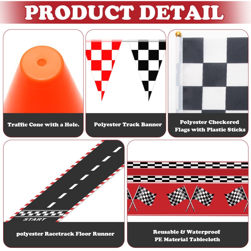 Ahier Race Car Party Decorations, Checkered Flag Party Supplies-12 Traffic Cones and 24 Racing Checkered Flags, 6.5Ft Racetrack Floor Runner and 9.8ft Banner, Tablecloth, Balloons and Ribbons - Image 3