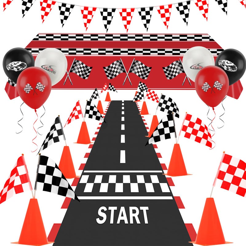 Ahier Race Car Party Decorations, Checkered Flag Party Supplies-12 Traffic Cones and 24 Racing Checkered Flags, 6.5Ft Racetrack Floor Runner and 9.8ft Banner, Tablecloth, Balloons and Ribbons - Image 1