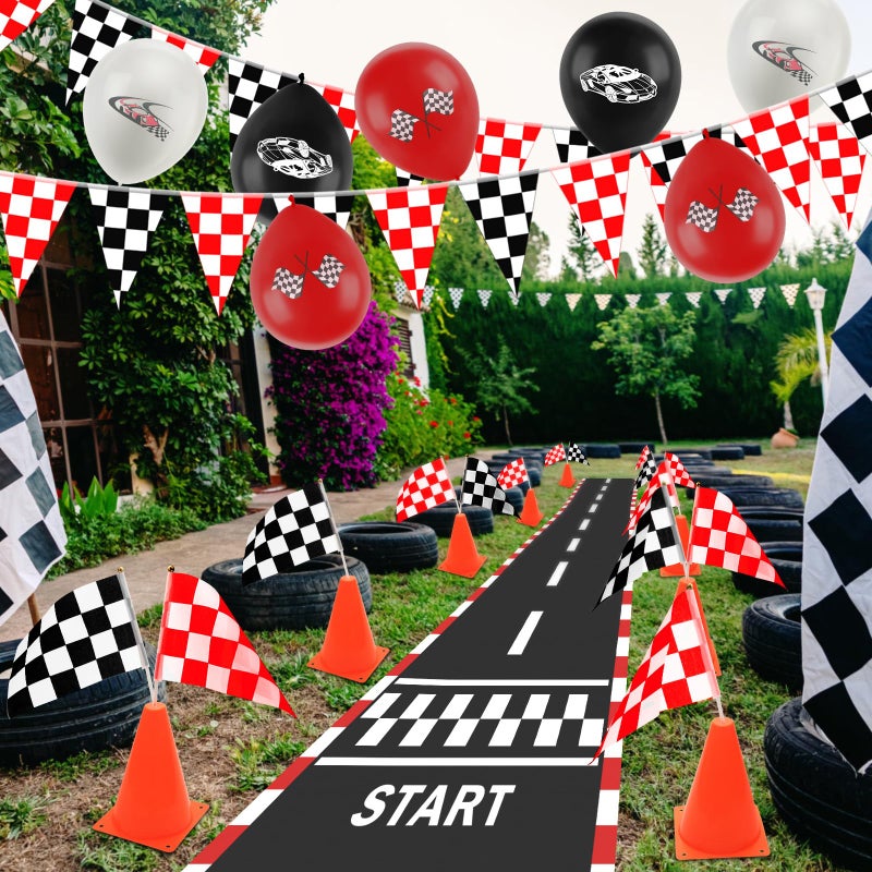 Ahier Race Car Party Decorations, Checkered Flag Party Supplies-12 Traffic Cones and 24 Racing Checkered Flags, 6.5Ft Racetrack Floor Runner and 9.8ft Banner, Tablecloth, Balloons and Ribbons - Image 5