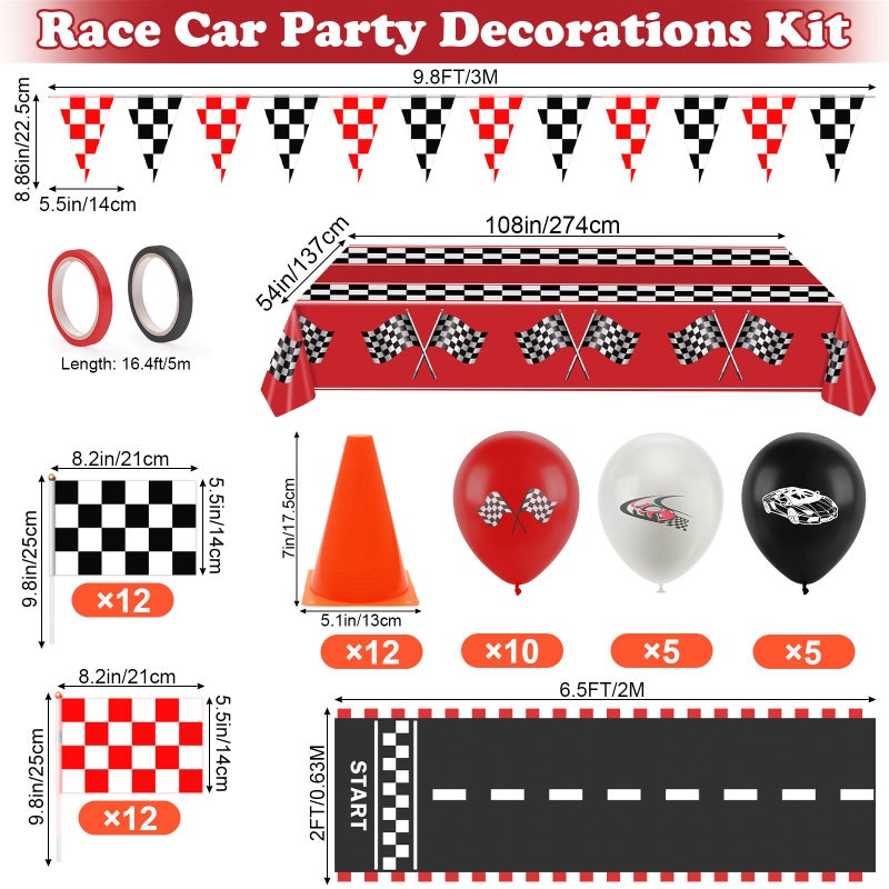 Ahier Race Car Party Decorations, Checkered Flag Party Supplies-12 Traffic Cones and 24 Racing Checkered Flags, 6.5Ft Racetrack Floor Runner and 9.8ft Banner, Tablecloth, Balloons and Ribbons - Image 2