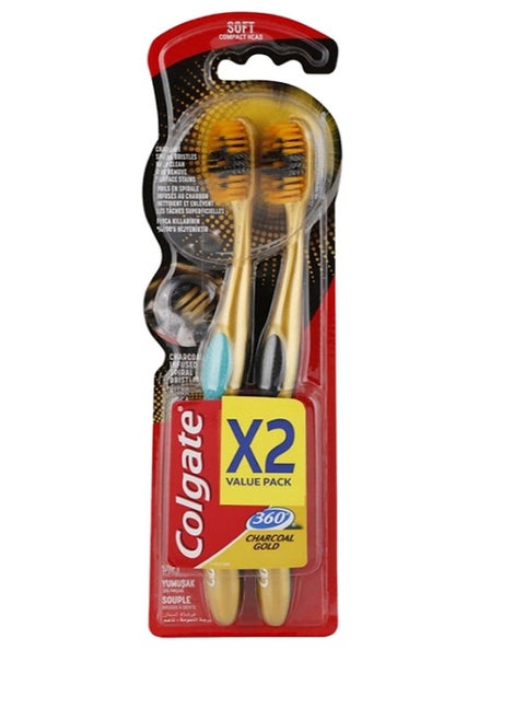 360 Gold Charcoal Toothbrush, Soft, Multi-Colored, Set of 2