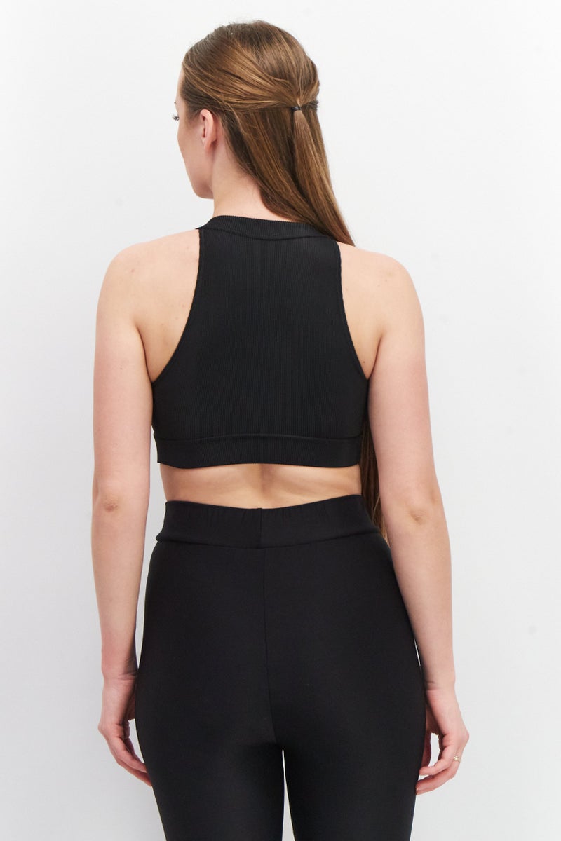 Onzie Women Mock Neck Sleeveless Textured Crop Top, Black - Image 4