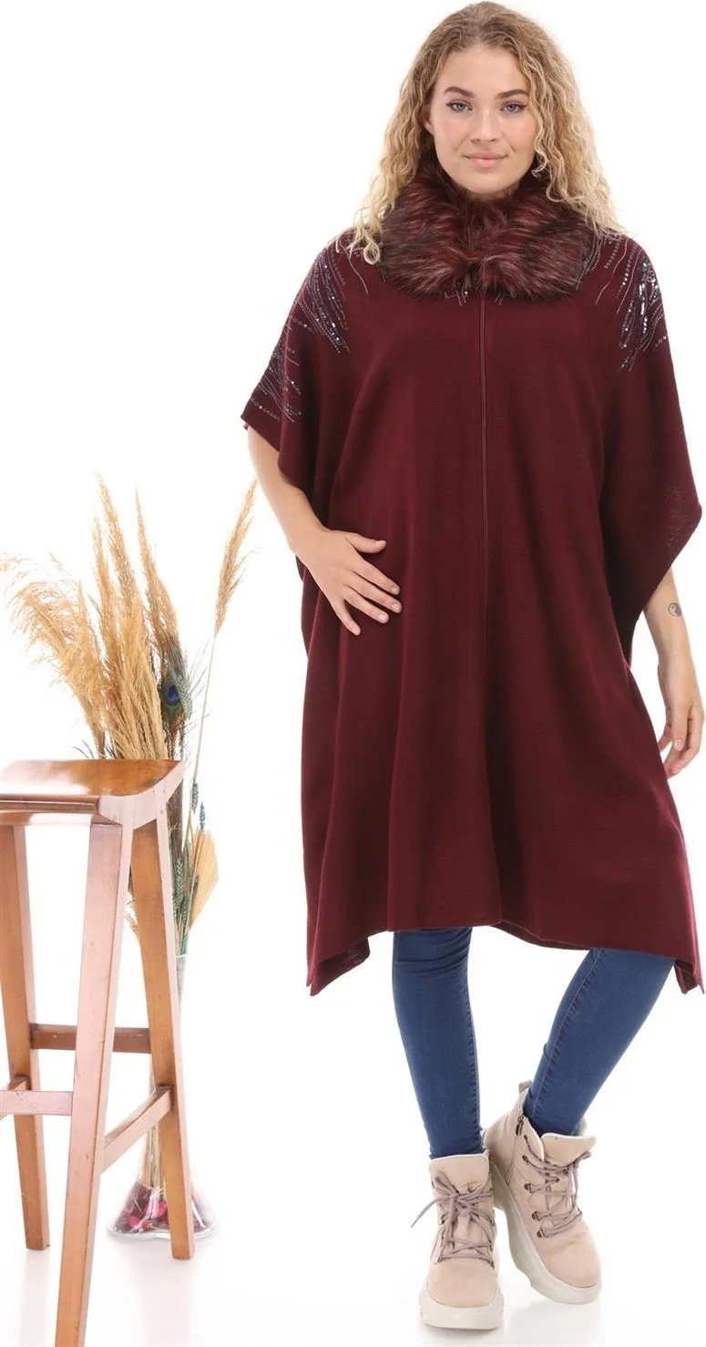 Garmi Women's Fur Collar Zippered Poncho Claret Red