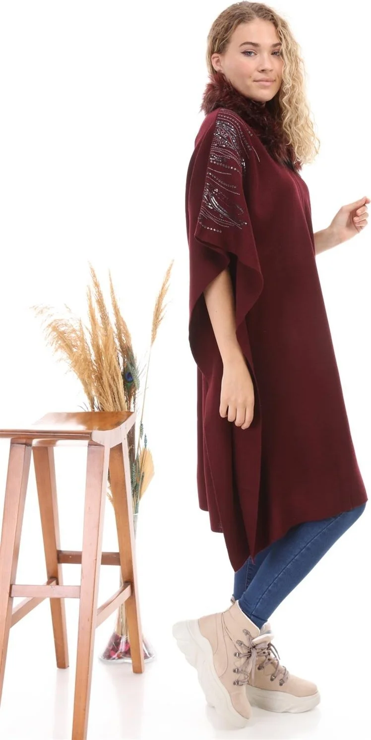 Garmi Women's Fur Collar Zippered Poncho Claret Red