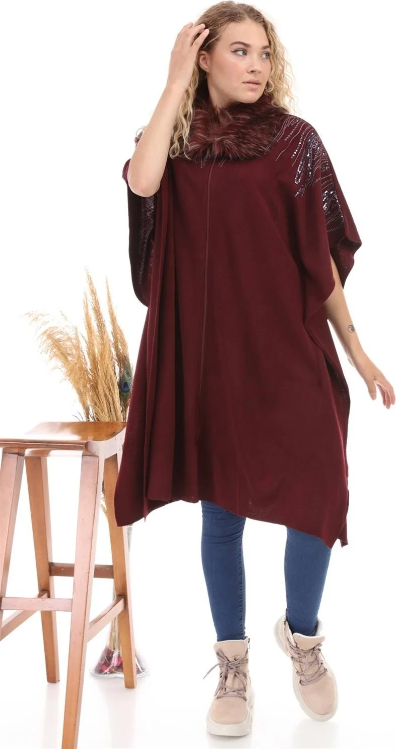 Garmi Women's Fur Collar Zippered Poncho Claret Red