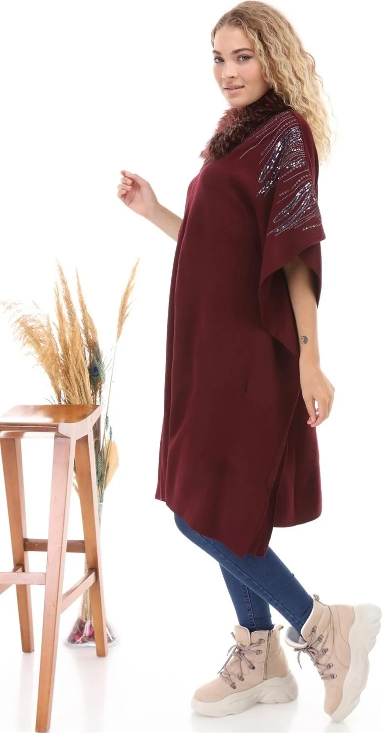 Garmi Women's Fur Collar Zippered Poncho Claret Red