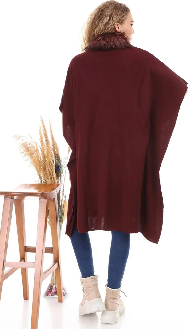 Garmi Women's Fur Collar Zippered Poncho Claret Red