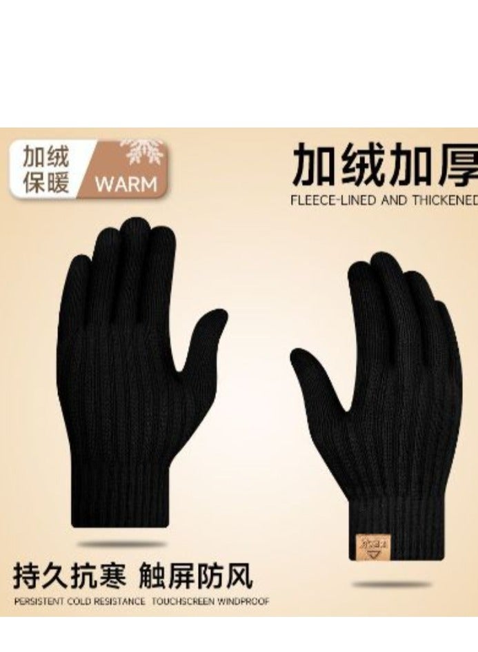 Peak Black Fleece-Lined Thickened Touchscreen Gloves Windproof Cold-Resistant