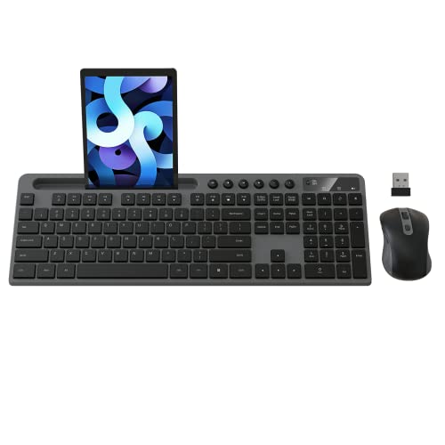 MARVO Wireless Keyboard and Mouse Combo, MARVO 2.4G Ergonomic Wireless Computer Keyboard with Phone Tablet Holder, Silent Mouse with 6 Button, Compatible with MacBook, Windows (Grey) - Image 1
