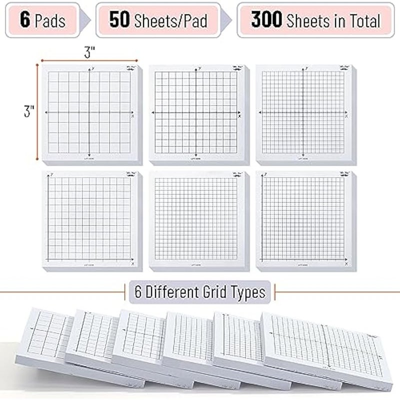 Graph Paper Sticky Notes, 6 Pads, 3x3 Inch, Math Graph Paper, 50 Sheets Each, Grid Sticky Notes - Image 2