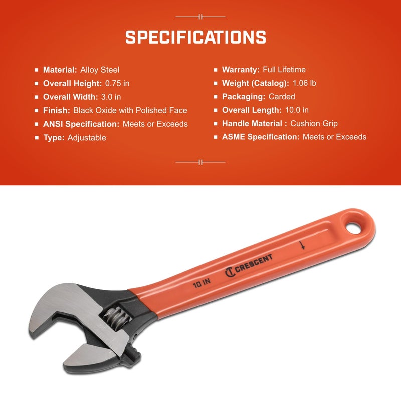 Crescent 10" Adjustable Black Oxide Cushion Grip Wrench - Carded - AT210CVS , Red - Image 5
