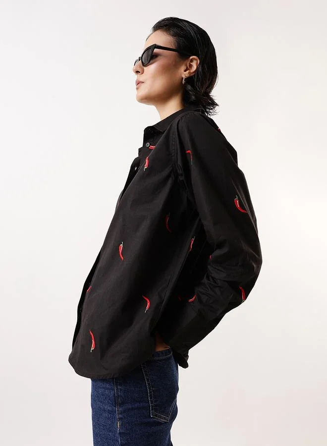 Hubberholme Women's Black 100% Cotton Embroidered Button Down Oversized Shirt