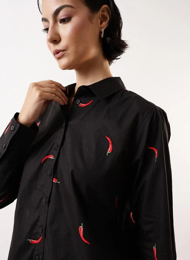 Hubberholme Women's Black 100% Cotton Embroidered Button Down Oversized Shirt